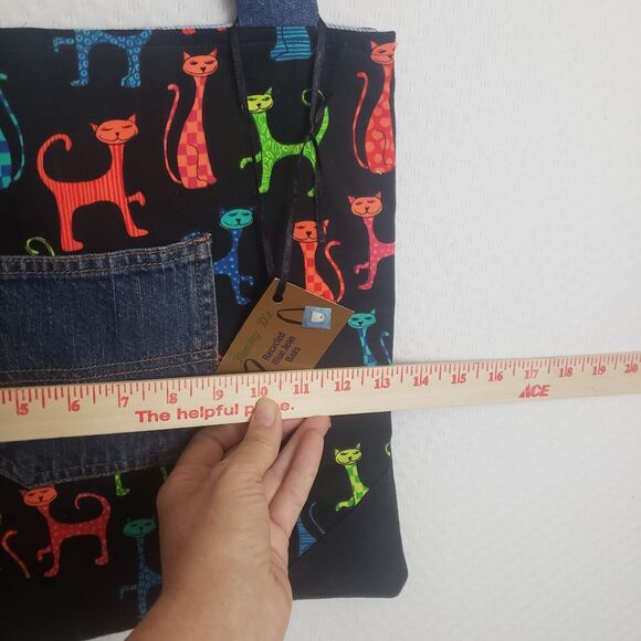 Tammy D's Recycled Blue Jean Denim Rainbow‎ Cat Tote Bag - Picture 6 of 9